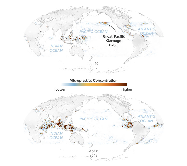 Two maps show the concentration of microplastics across the ocean, on July 29, 2017 and April 8, 2018. 
