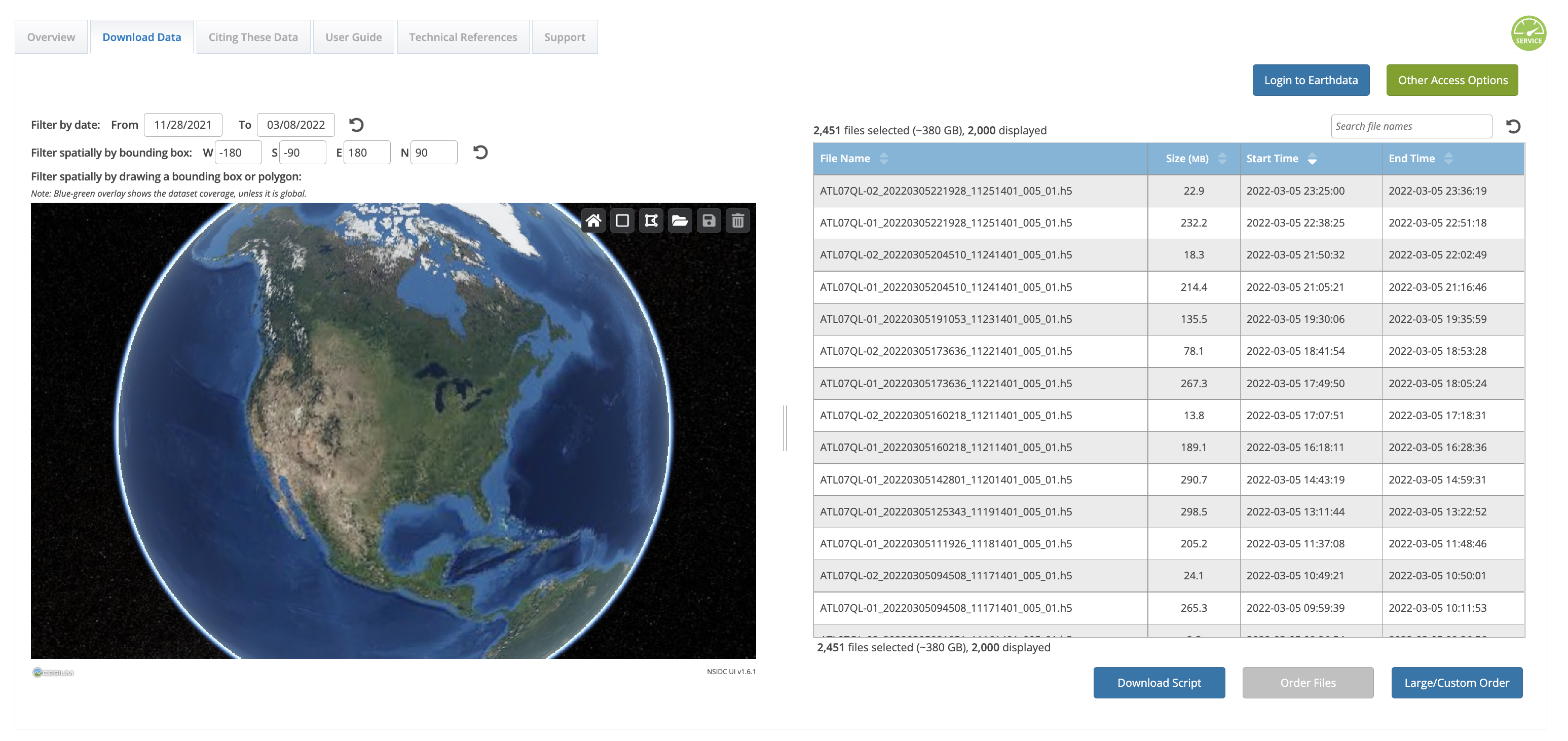 This is a screenshot of the NSIDC data download page.