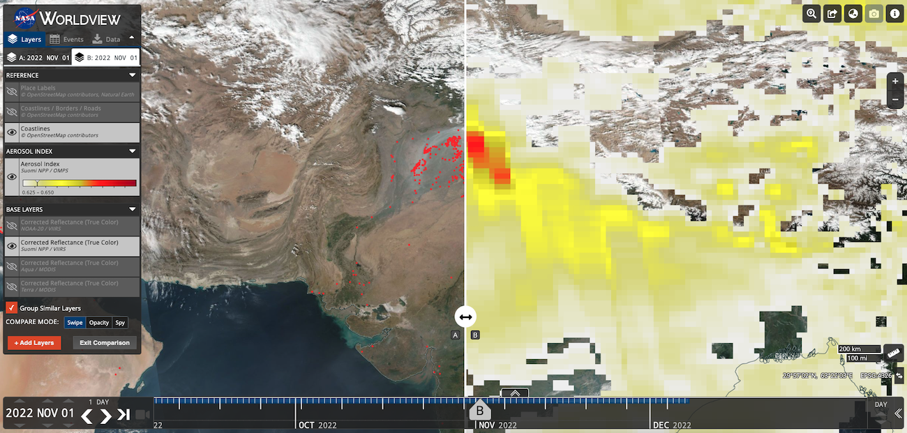 Comparison of Fires and Aerosol Index in India and Pakistan from the VIIRS instrument aboard the joint NASA/NOAA Suomi NPP satellite on 1 November 2022
