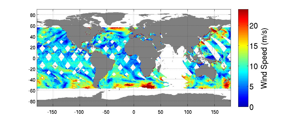 Map of the world showing ocean wind speeds in meter per second for Oct. 1, 2014. 