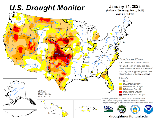 US Drought Monitor showing conditions for January 31, 2023; much of Western US showing Severe drought or worse; Eastern US showing none to isolated abnormally dry conditions