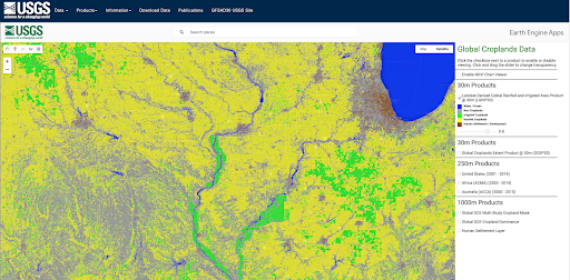 This USGS GFSAD Cropland Data visualization tool by the USGS provides the Global Food Security Analysis-Support Data at 30 Meters (GFSAD30) visualizing nearly 1.874 billion hectares (roughly 12.6 percent of the global terrestrial area) of croplands in the world. ￼￼