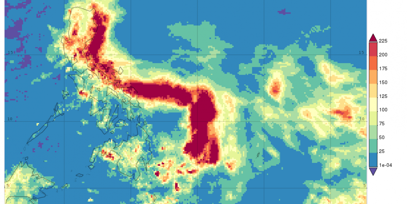 Surface rainfall accumulations (mm) estimated from the NASA IMERG satellite precipitation product from 10 to 17 May 2020 in association with the passage of Typhoon Vongfong.  Image from NASA GSFC using IMERG data archived at https://giovanni.gsfc.nasa.gov/giovanni/.  This image was produced with the Giovanni online data system, developed and maintained by the NASA GES DISC.