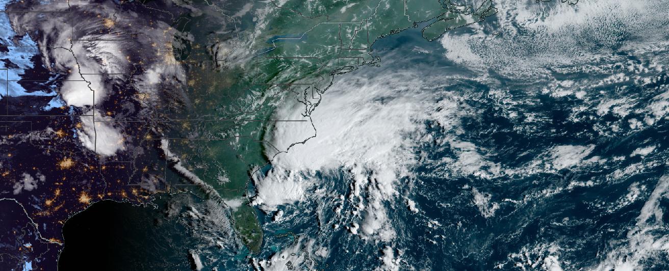 GeoColor image of strong storm with bright white clouds moving up the US east coast