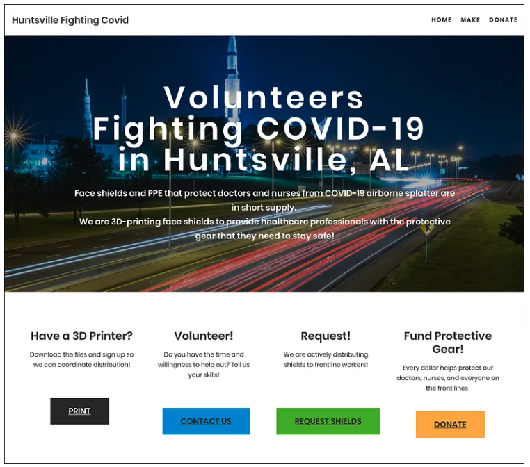 Screenshot of the home page of the Huntsville Fighting Covid website.