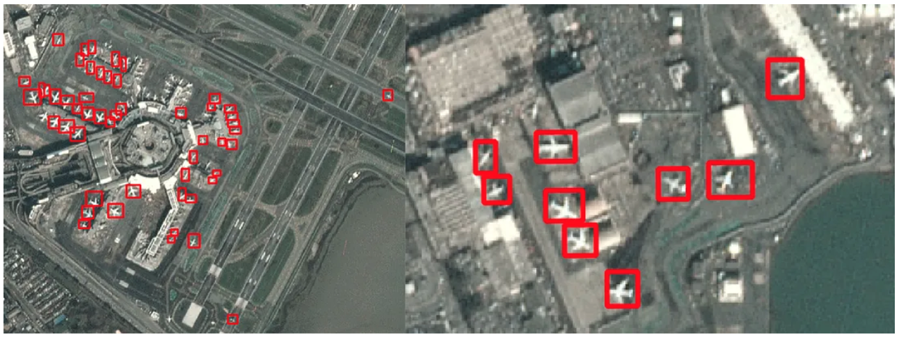 Satellite image of an airport showing the ML's ability to detect planes. 