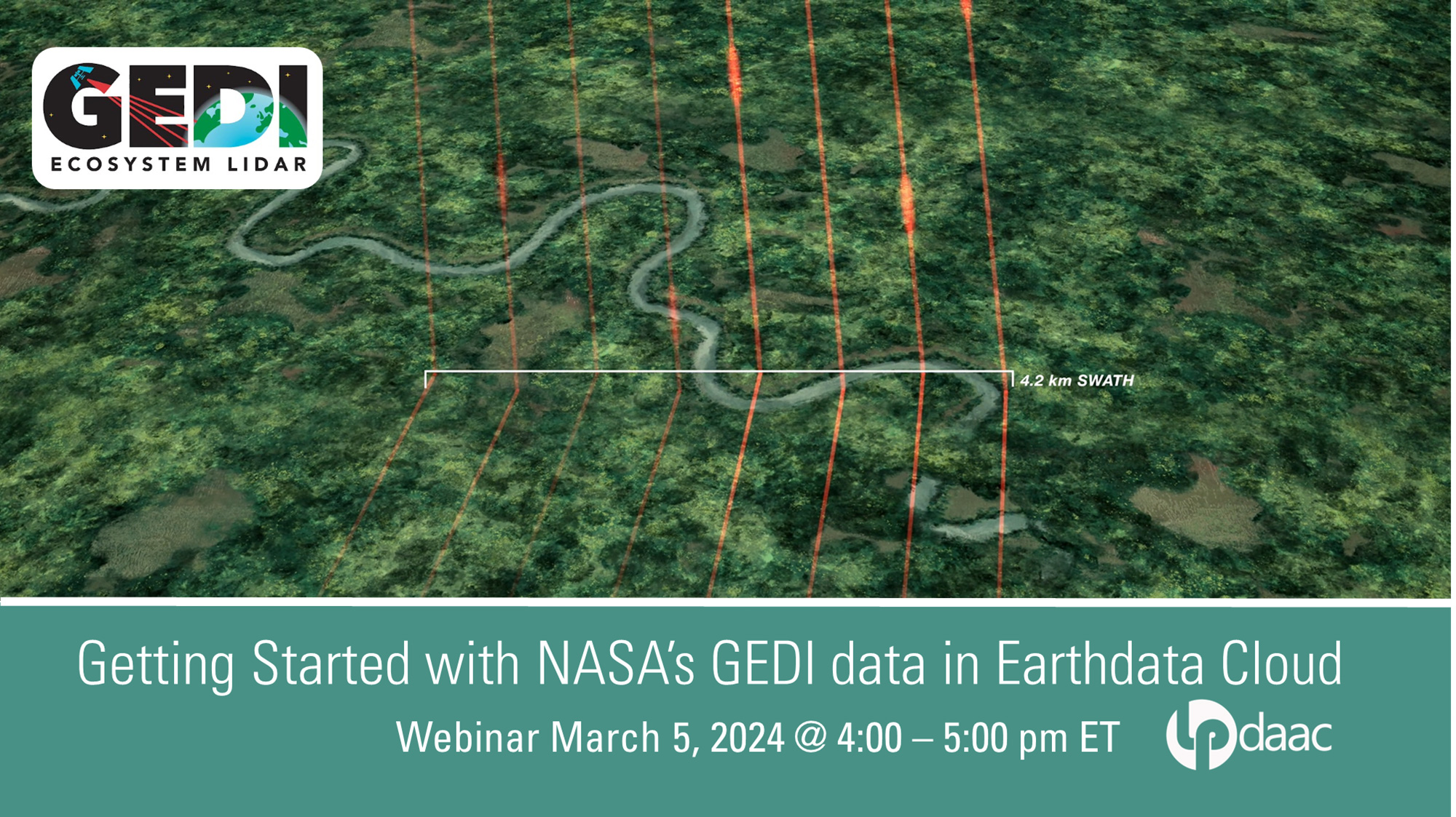 AEIOP and LP DAAC webinar banner image for the upcoming working with NASA GEDI data in the Earthdata Cloud webinar to be held 3/5/24.