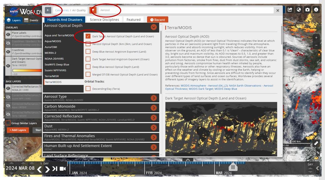 This screen capture from Worldview shows how users can manipulate the layer selection interface to find and locate the data layer they wish to view.
