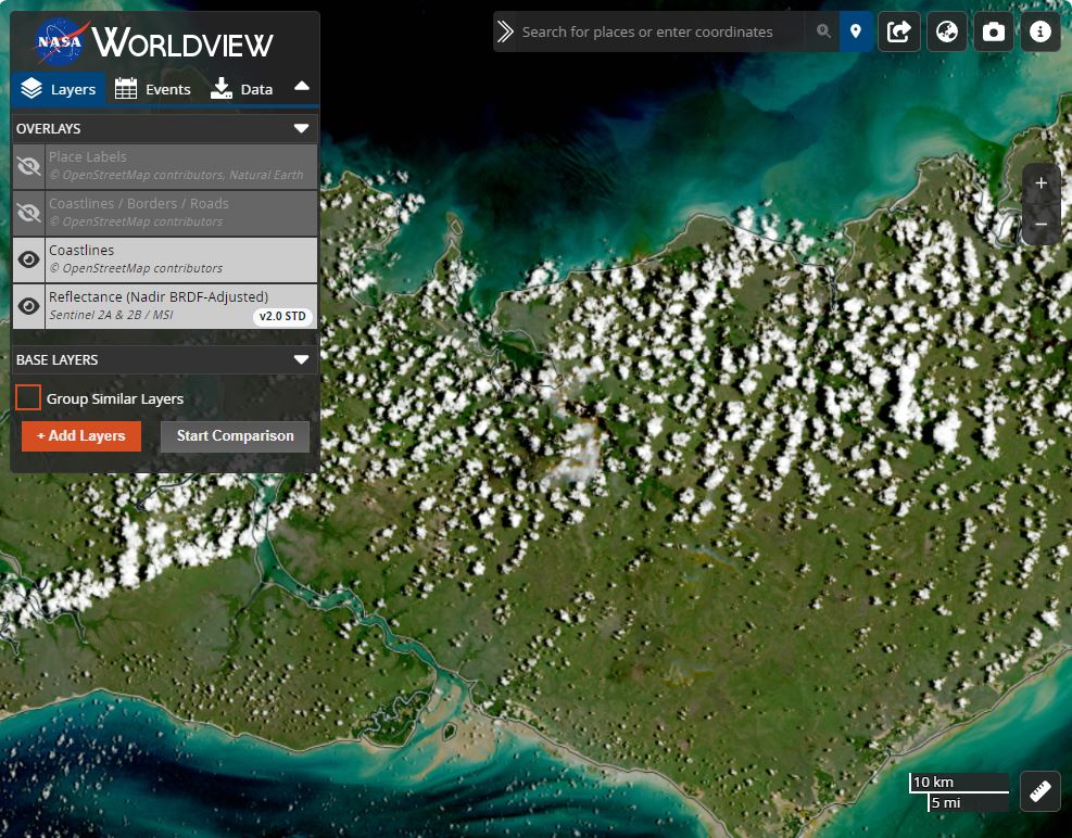 A screen capture from Worldview showing a visualization of Harmonized Landsat Sentinel data with the Worldview menu visible in the top-left corner.