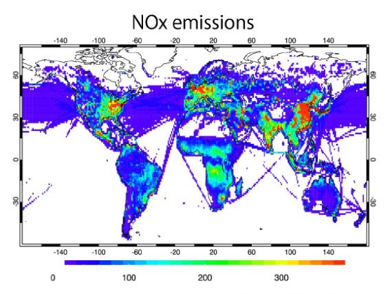 A visualization of TROPESS Chemistry Reanalysis Version 2 data showing nitrogen dioxide emissions around the globe.
