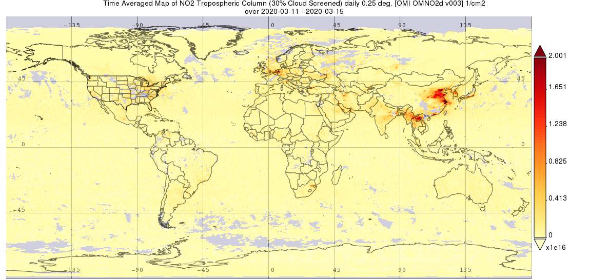 Map of global nitrogen dioxide data from Giovanni.