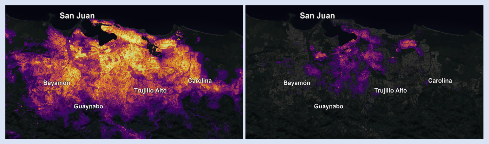 side-by-side images of San Juan showing changes in nighttime lights before Hurricane Maria (left image) and in the absence of nighttime lights after the storm (right image)