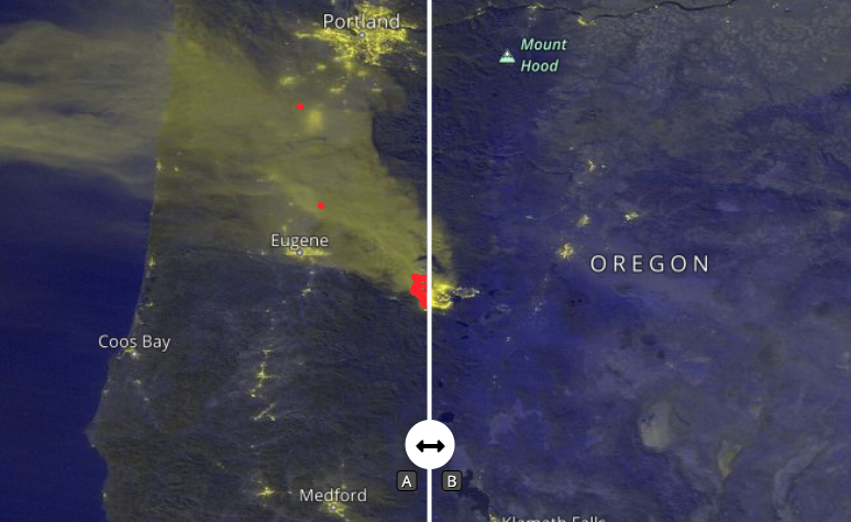 VIIRS data image before and after the Cedar Creek Fire, Oregon, September, 2022.