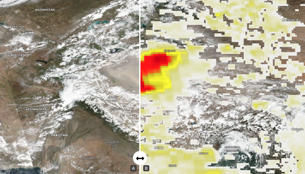 VIIRS true color, OMPS aerosol index comparison showing the impact of  dust in the Gobi desert.