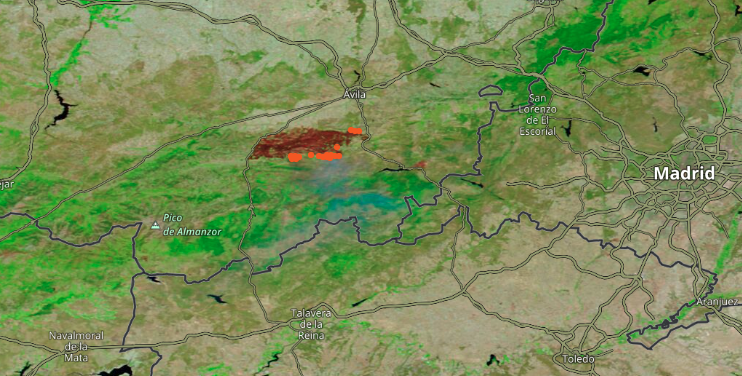 MODIS data image with fire anomaly overlay in Avila, Spain, August 2021.
