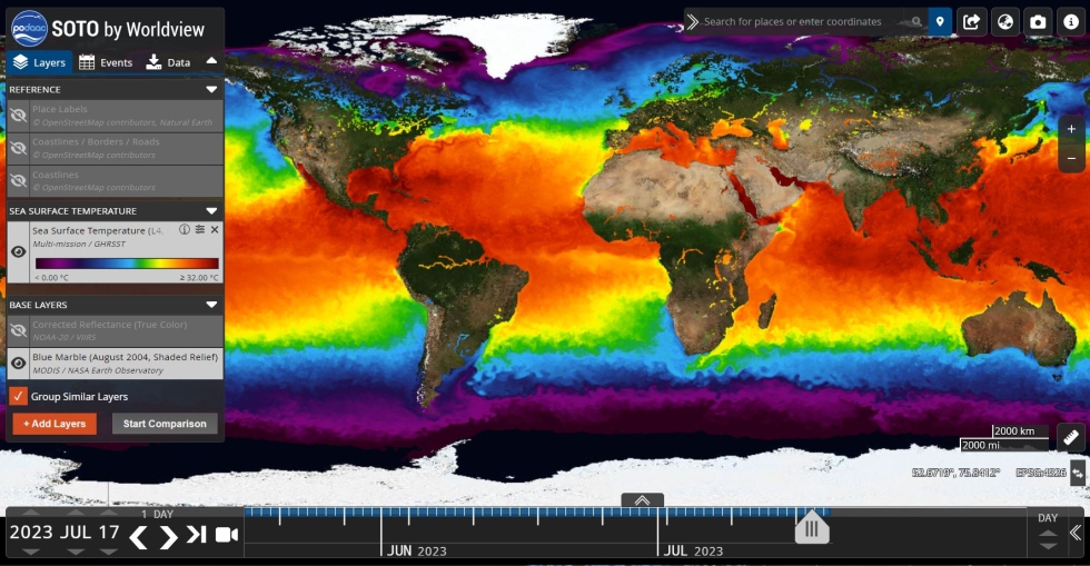 This visualization of sea surface temperature from PO.DAAC's State of the Ocean tool shows a map Earth's continents and ocean. The ocean water shows a range of  colors - red and oranges in the middle lattitudes with yellows, greens, and blues in the northern and southern lattitudes. These colors pertain to sea surface temperatures, with the oranges and reds indicating warmer water and the greens and blues denoting cooler water.