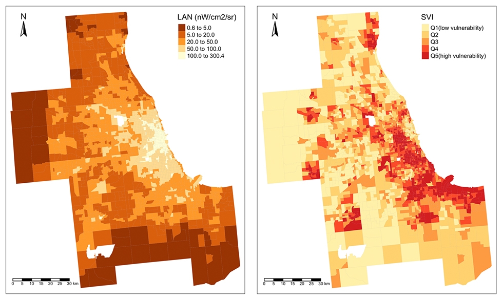 This image shows two side-by-side maps of the greater Chicago area. The map on the left shows satellite-measured mean light exposure at night levels in 2020 across Chicago. Lighter colors indicating higher levels of light exposure are visible within the city's urban core and other regions. On the right is a map of the same areas depicting their levels of social disadvantage. Darker colors indicating higher social disadvantage are visible in the same high light exposure areas.
