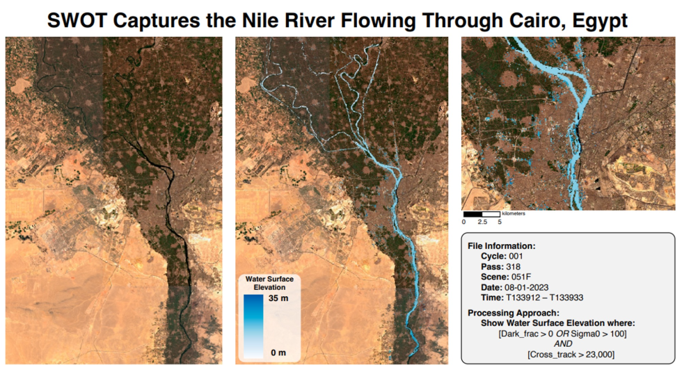 3-panel image showing the Nile River and Cairo; middle and right images have Nile River highlighted in blue