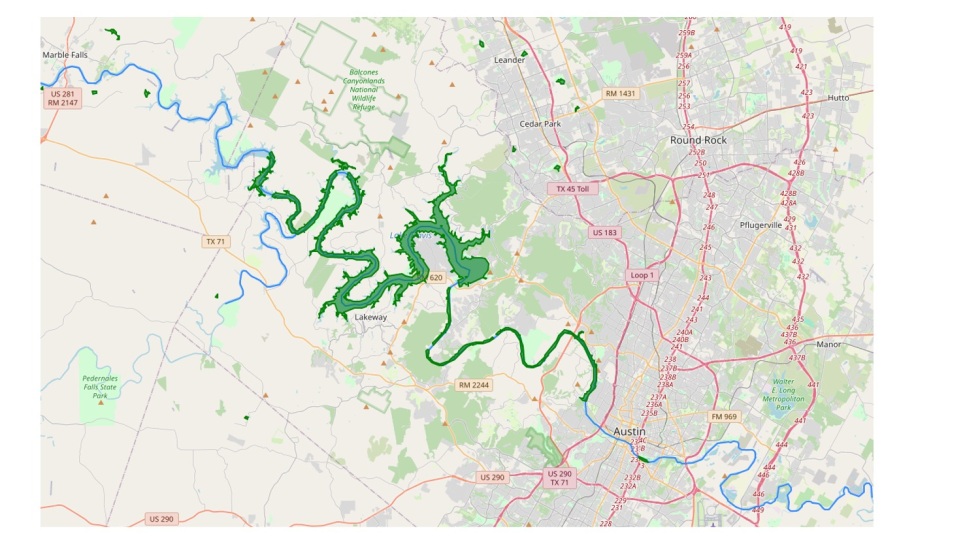Basemap showing Austin Texas with water bodies highlighted in green and blue