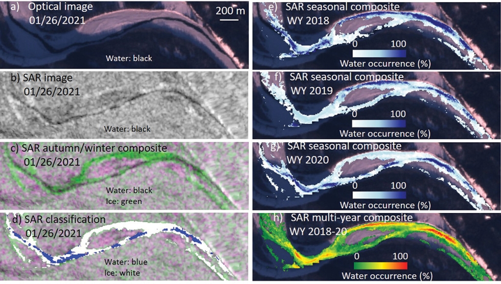 Eight data views of the same stretch of the Copper River in Alaska showing different overhead views of the river ranging from true color to false color in shades of green, yellow, and red to highlight low to high percentages of winter open water occurrence.