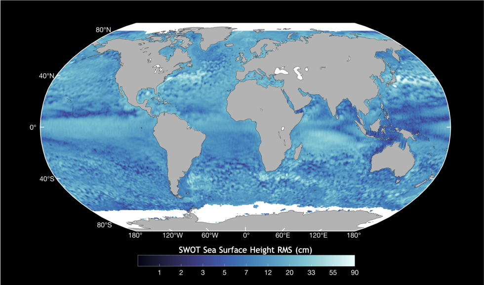 This graphic shows measurements of sea surface height from the KaRIn instrument aboard the SWOT satellite.