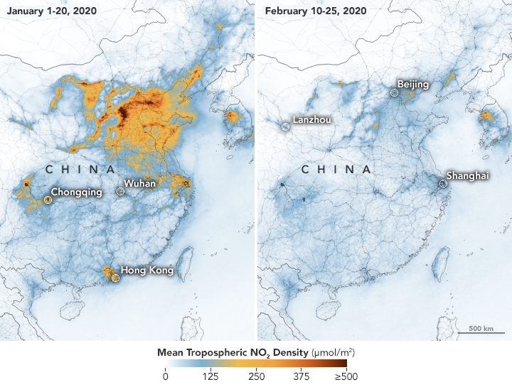 Map showing nitrogen dioxide density data for China in early 2020.