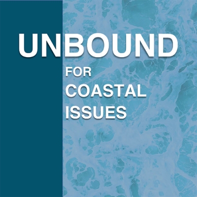 This is a square image that contains solid color, text, and an image of foamy seawater. On the left third of the image is a solid panel of green-blue running from the top to the bottom. The right two-thirds of the image is picture of seawater. Overlaid across the entire image in white letters are the words UNBOUND FOR COASTAL ISSUES.