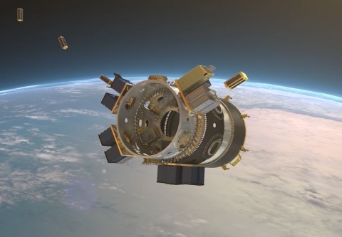 An artistic rendering of CubeSats being released from the SSO-A SmallSat Express module.
