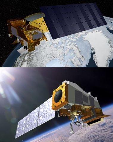 Image of Aqua satellite above image of Suomi NPP Satellite