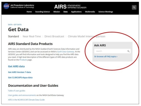 A screen capture of the AIRS mission website showing the dialog box data users can use to ask questions of the AIRS science team.