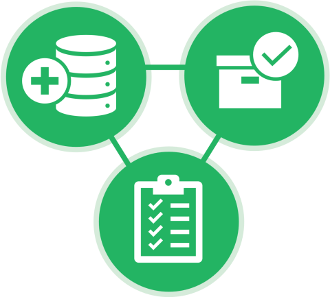 three circles showing a data stack, a file box with a check mark, and a checklist on a clipboard