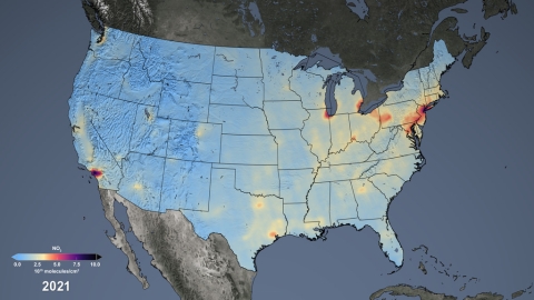 This image shows nitrogen dioxide concentrations across the United States, averaged over 2021. The data were derived from the Aura satellite's Ozone Monitoring Instrument (OMI). Lower levels of gas are colored shades of blue and higher concentrations are depicted in shades from white, red to black. 