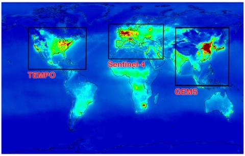 This image of Earth's land masses shows the areas covered by the three satellites that will make up the global geostationary air quality (Geo-AQ) satellite constellation.
