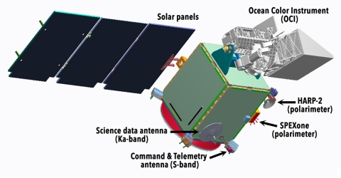 This is an image of the PACE spacecraft and its instruments. In the upper left of the image are three solar panels connected to a square-shaped, green satellite chassis in the middle of the frame. Mounted to the chassis are the Spectro-Polarimeter for Planetary Exploration (SPEXone) and the Hyper Angular Research Polarimeter (HARP2), and two communications antennas. Attached to the right side of the chassis is the Ocean Color Instrument (OCI), colored silver. 