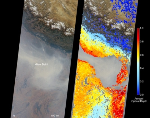 MISR data example showing two images of New Delhi, India, and a key to interpret aerosol optical depth shown in right image that grades from blue at bottom (low aerosol concentrations) to red at the top (high aerosol concentrations).
