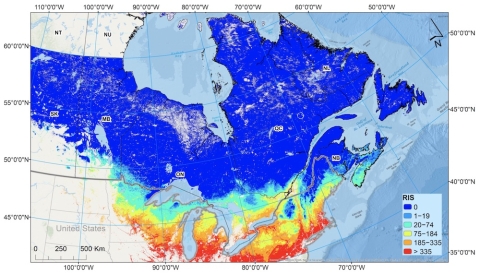 his image shows the risk of encountering Ixodes scapularis, the tick species that carries Lyme disease. Colors indicate the Risk of Ixodes Scapularis (RIS) in Central and Eastern Canada from 2000 to 2015, with red indicating a high risk of encountering this tick species. Image from Kotchi, S.O., et al., 2021 (doi:10.3390/rs13030524).