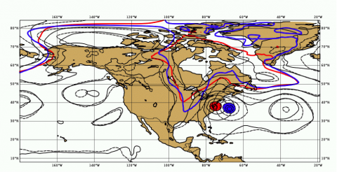 Fig. 2 Forecasts of surface level pressure on 00UTC October 30 from NOPOLAR experiment (blue and black dash) and the control system (red and black solid)