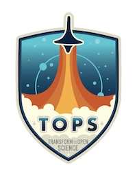 TOPS logo with word TOPS and Transform to Open Science along bottom and a stylized rocket launching above.