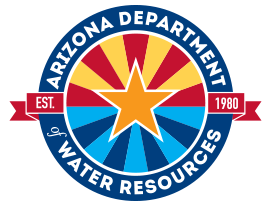 Circular image with Arizona Department on top and of Water Resources on bottom; EST. 1980 on sides; yellow star in center with red/orange rays on top and blue/dark blue rays on bottom.