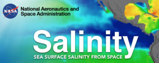 map of pacific ocean with sea surface salinity in colors; word Salinity in whit over this with NASA logo in upper left