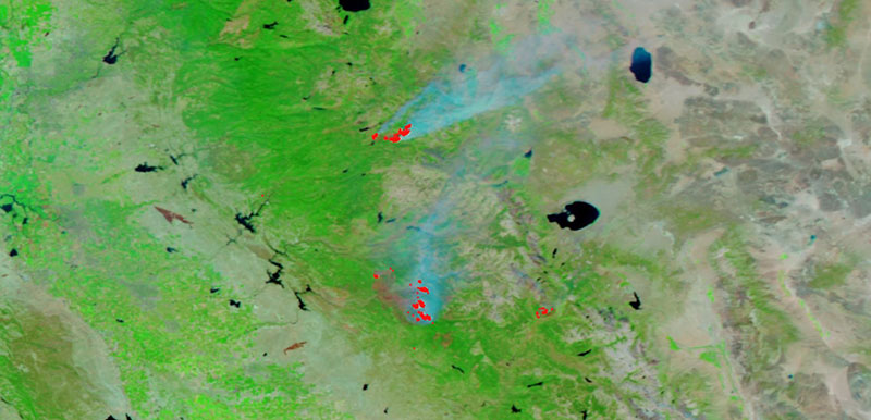 Ferguson, Donnell and Lion Fires, CA on 5 Aug 2018 (Suomi-NPP/VIIRS)
