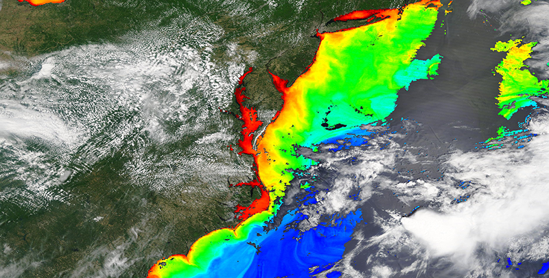 Chlorophyll a along the Mid-Atlantic coast, USA on 27 May 2019 (MODIS/Terra)